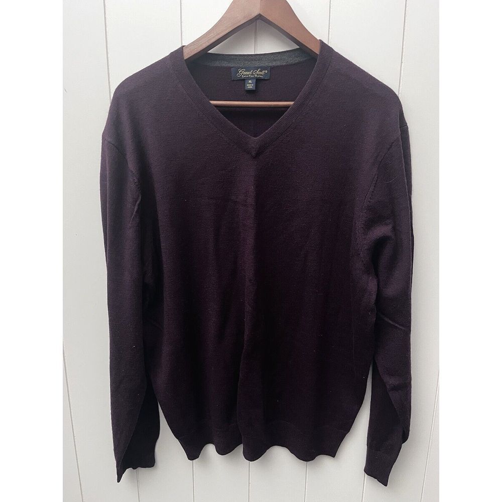 Garret Scott Sweater Mens XL Burgandy Extra Fine Merino‎ Wool V-Neck EUC